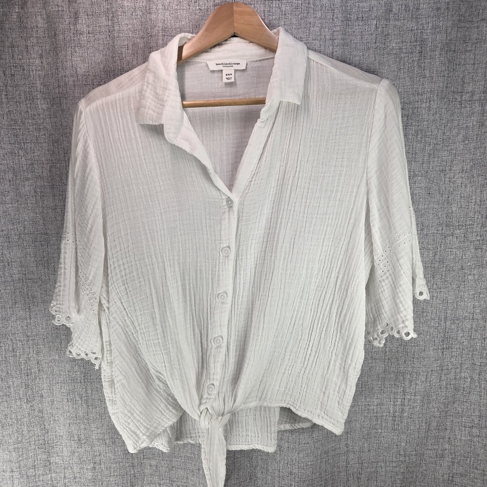 Beachlunchlounge White Gauze Button Down Eyelet Sleeve Tie Front Top Med Beach